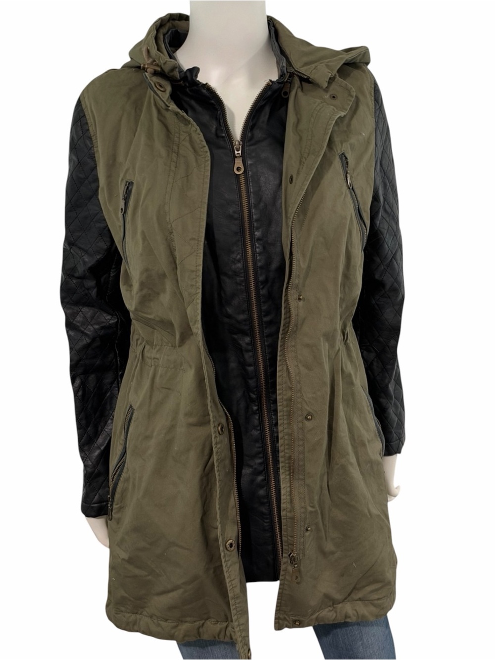 Victoria's Secret Olive Green Hooded Utility Jacket w/ Black Quilted Sleeves